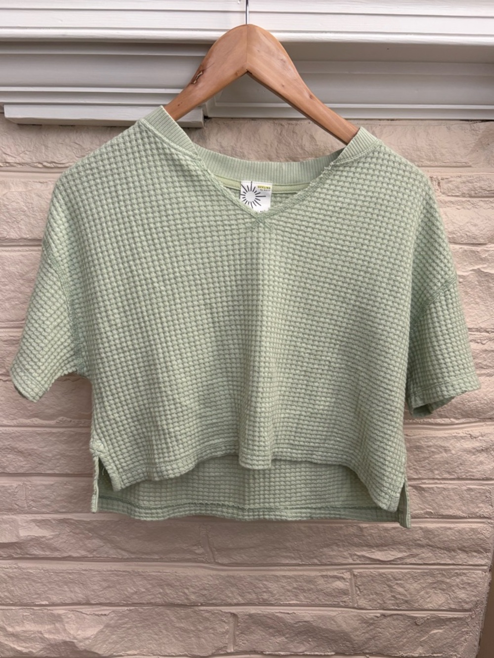 NWT Offline by Aerie Cropped Waffle Knit Split Neck Top Mint Green Oversized XS